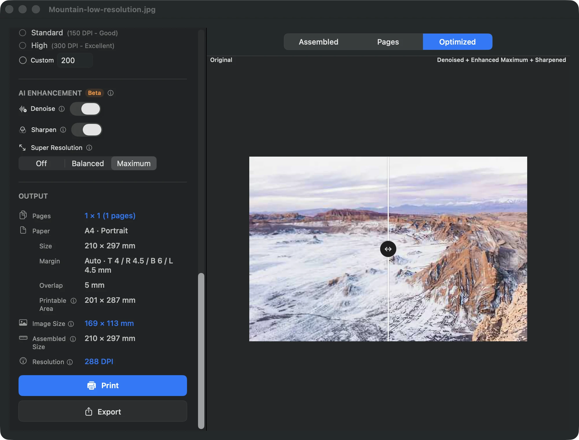PrintTiler AI Enhancement panel in the English interface, with Denoise and Sharpen toggles and the Super Resolution picker set to Maximum on the left and the Optimized preview comparison on the right.