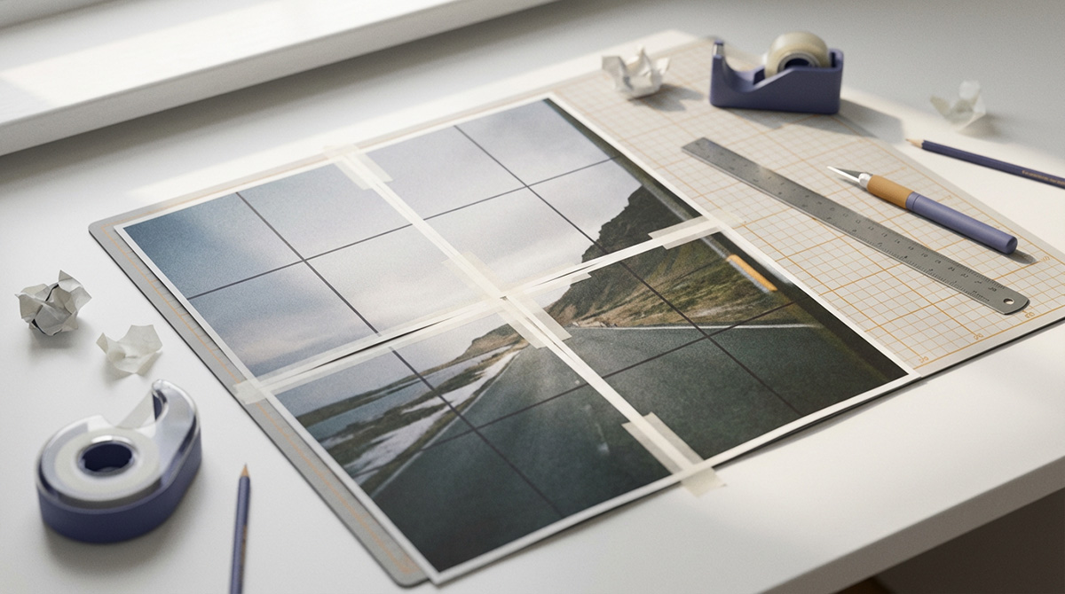 A tiled poster assembled from multiple printed sheets next to the source design