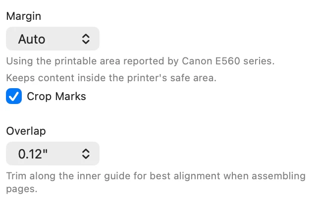 Auto Margin, Crop Marks, and an optional 0.12 inch overlap setting in PrintTiler