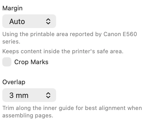 PrintTiler controls for Auto Margin, Crop Marks, and page overlap