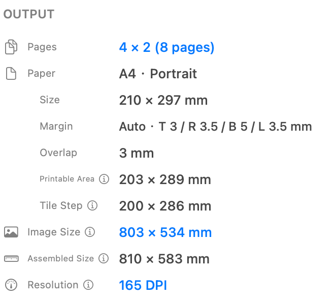 PrintTiler Output summary showing Image Size, Assembled Size, printable area, overlap, and resolution