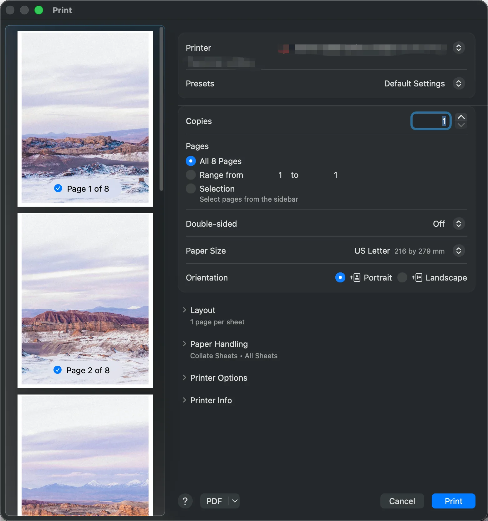 macOS print dialog showing all eight pages, double-sided off, US Letter paper, Portrait orientation, and the Print button