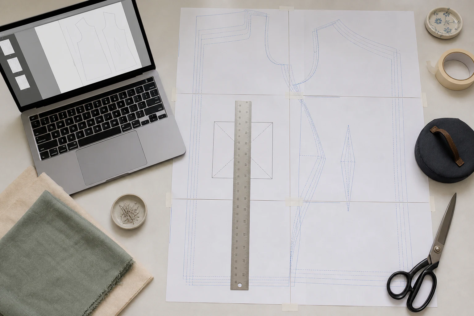 Tiled sewing pattern sheets on a worktable with a Mac, test square, ruler, fabric, tape, and scissors