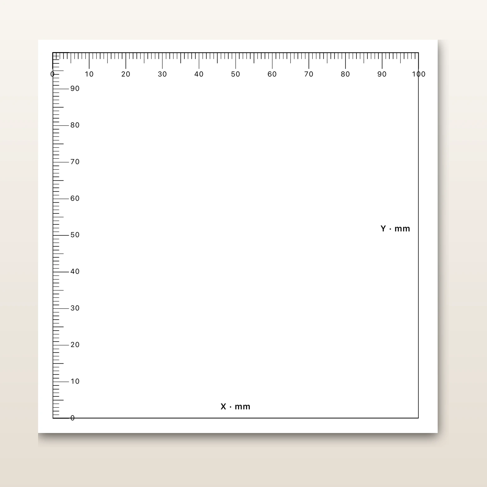 Actual PrintTiler calibration sheet showing a ruler-marked rectangle with the X axis across the top and the Y axis down the left side