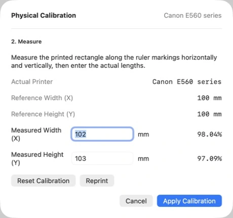 PrintTiler Physical Calibration sheet showing reference lengths, measured length fields, X and Y scale values, and apply controls