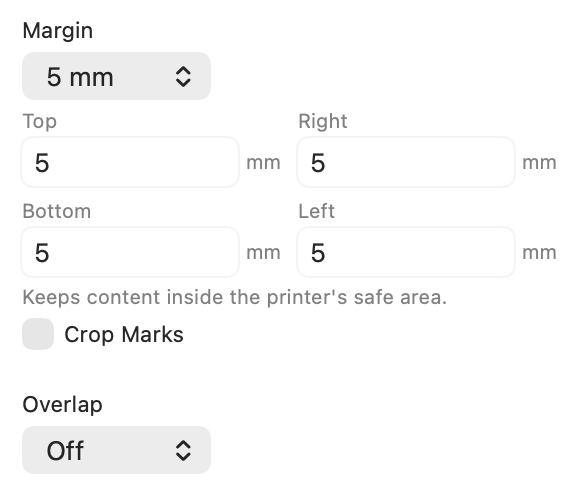 PrintTiler manual margin controls set to 5 millimeters on every side