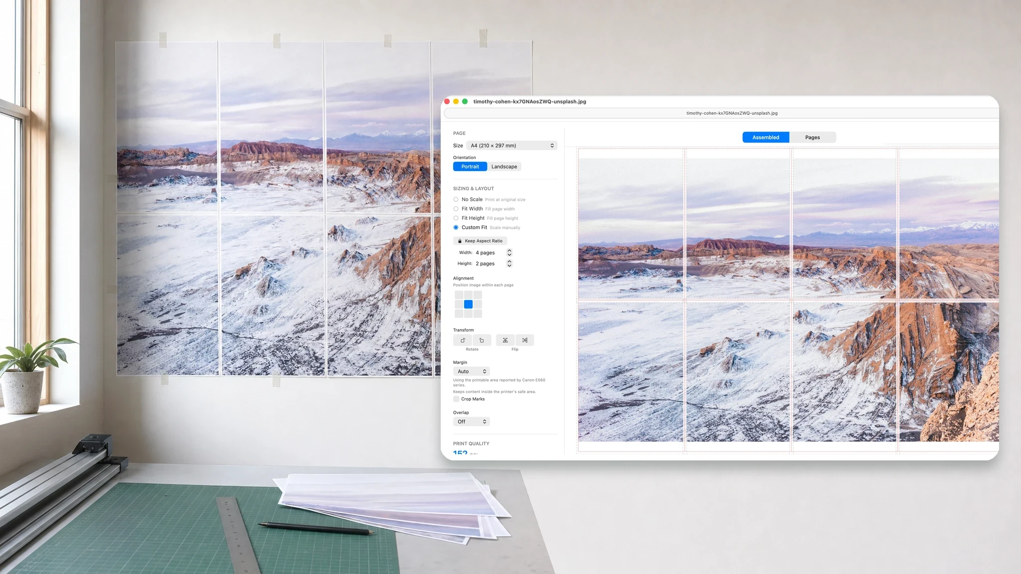 A tiled mountain poster beside PrintTiler for Mac with Auto Margin and print preview controls